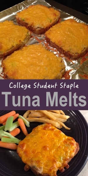 Tuna Melts were one of my staple meals in college, cooked in a small countertop toasted oven.  One can of tuna and 2 slices of bread made a meal for one. 