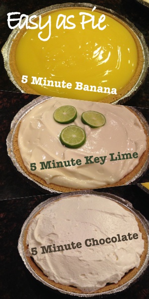 3 easy pies in just 5 minutes each.  Banana Pie, Chocolate Pie, and Key Lime Pie - a crowd favorite.