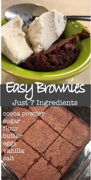 Easy Brownies using just 7 ingredients.  Cocoa powder, flour, sugar, butter, eggs, vanilla and salt.