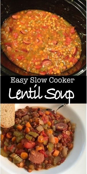 Easy Slow Cooker Lentil Soup - A little prep the night before, less than 5 minutes in the morning, and a hot pot of soup will be waiting for you when you get home.  